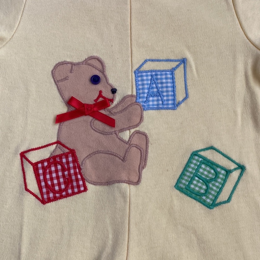 Vintage Tadpoles bear and blocks appliqué yellow one piece